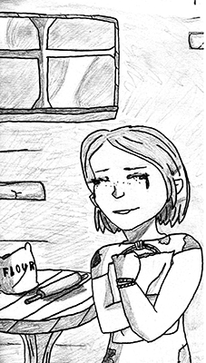 A girl hugs a package close as a tear runs down her face